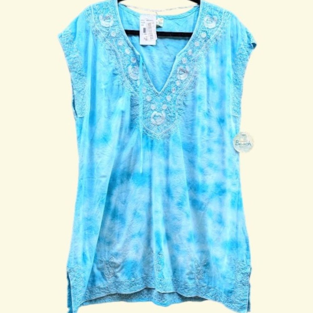 One World Beach Embroidered Cotton Swimsuit Coverup Dress size L